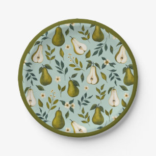 Green Pear Watercolor Pattern on Dusty Blue Paper Plate
