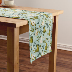 Green Pear Watercolor Pattern on Dusty Blue  Short Table Runner