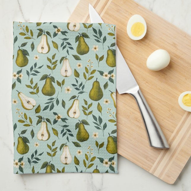 Green Pear Watercolor Pattern on Dusty Blue  Tea Towel (Quarter Fold)