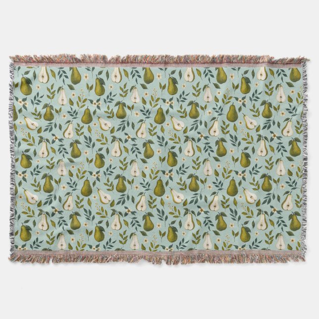 Green Pear Watercolor Pattern on Dusty Blue  Throw Blanket (Front)