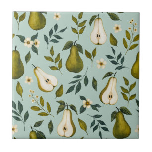 Green Pear Watercolor Pattern on Dusty Blue Tile