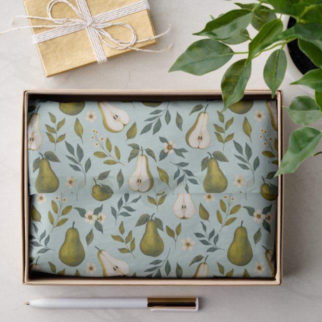 Green Pear Watercolor Pattern on Dusty Blue  Tissue Paper (Gift)
