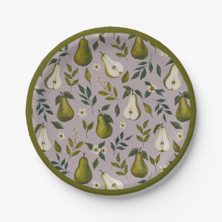 Green Pear Watercolor Pattern on Dusty Lilac Paper Plate