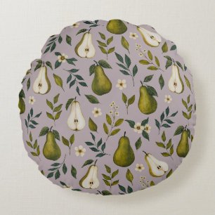 Green Pear Watercolor Pattern on Dusty Lilac Round Cushion