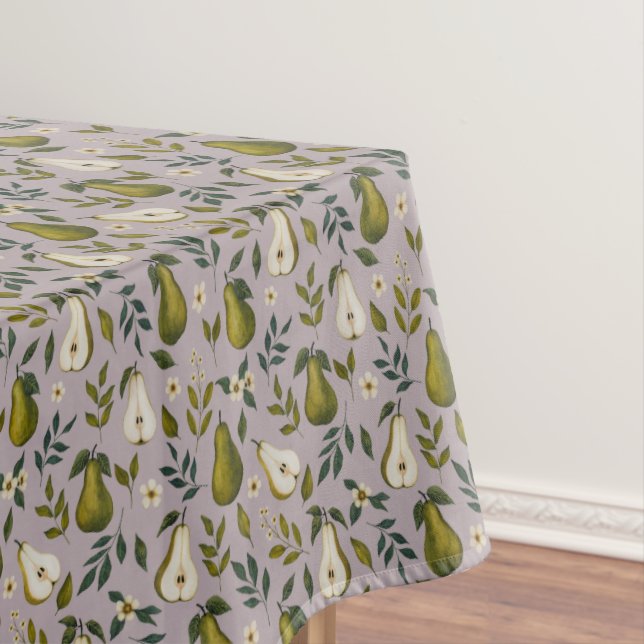 Green Pear Watercolor Pattern on Dusty Lilac Tablecloth (In Situ)