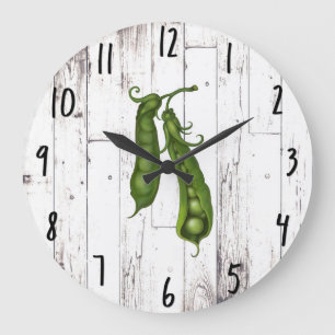 Green Peas Pea White Wood Rustic Farmhouse Kitchen Large Clock