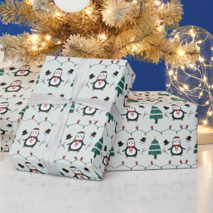 Green Penguins and Christmas Trees Christmas Wrapping Paper