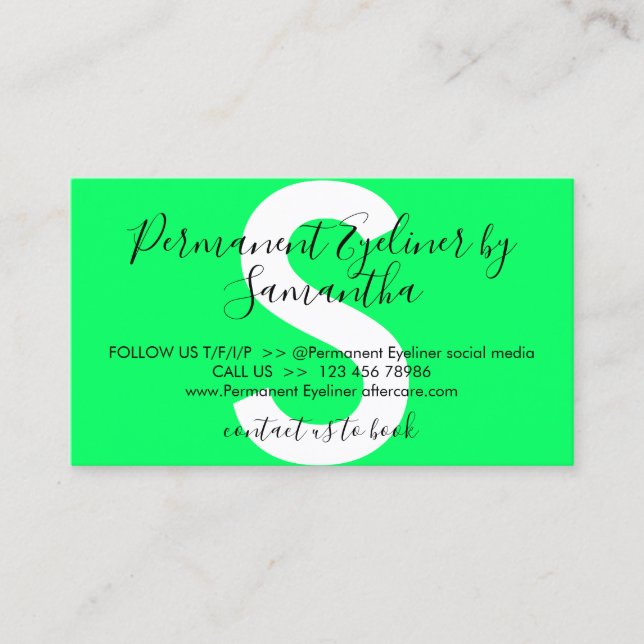 Green Permanent Eyeliner Avoids Advices Aftercare Business Card (Front)