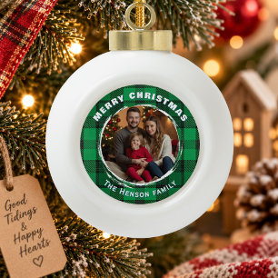 Green Personalised Family Photo Plaid Pattern  Ceramic Ball Christmas Ornament