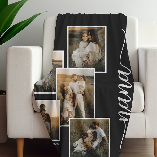 Green Personalised Nana Grandkid 5 Photo Collage  Fleece Blanket (Creator Uploaded)