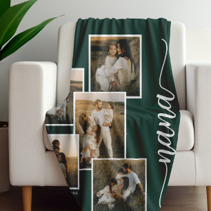 Green Personalised Nana Grandkid 5 Photo Collage Fleece Blanket
