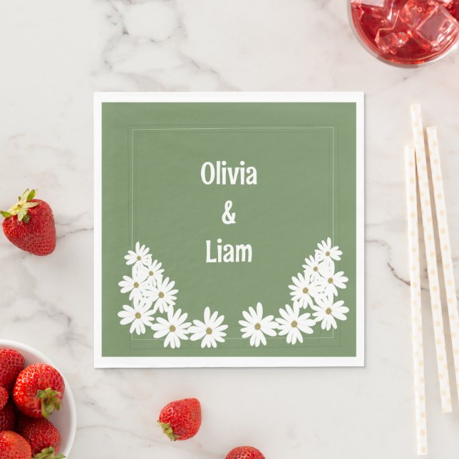 Green personalised wedding napkins (Insitu)