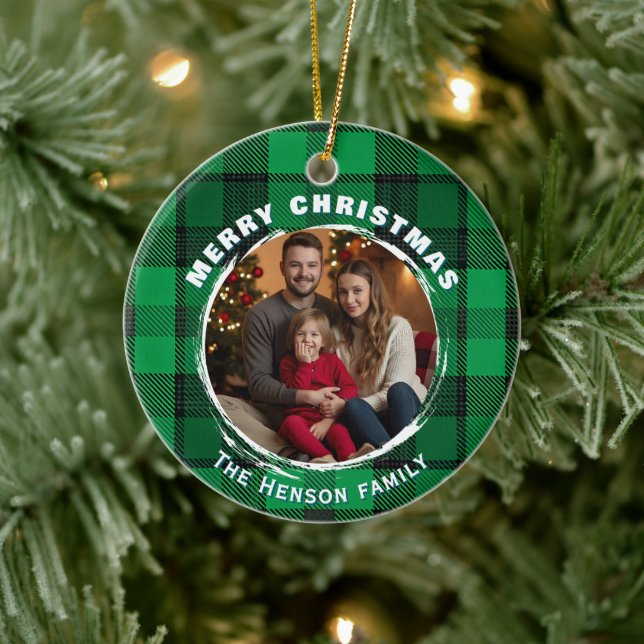 Green Personalized Family Photo Plaid Pattern  Ceramic Tree Decoration (Tree)