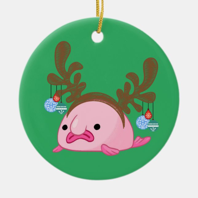 Green Personalized Reindeer Blobfish Ceramic Tree Decoration (Front)