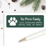 Green Pet Lover Paw Print Holiday Return Address<br><div class="desc">Holiday address labels for pet lovers feature a white pet paw print with modern white return address and hunter / pine green background. The background color can be customized to coordinate with your mailing.</div>