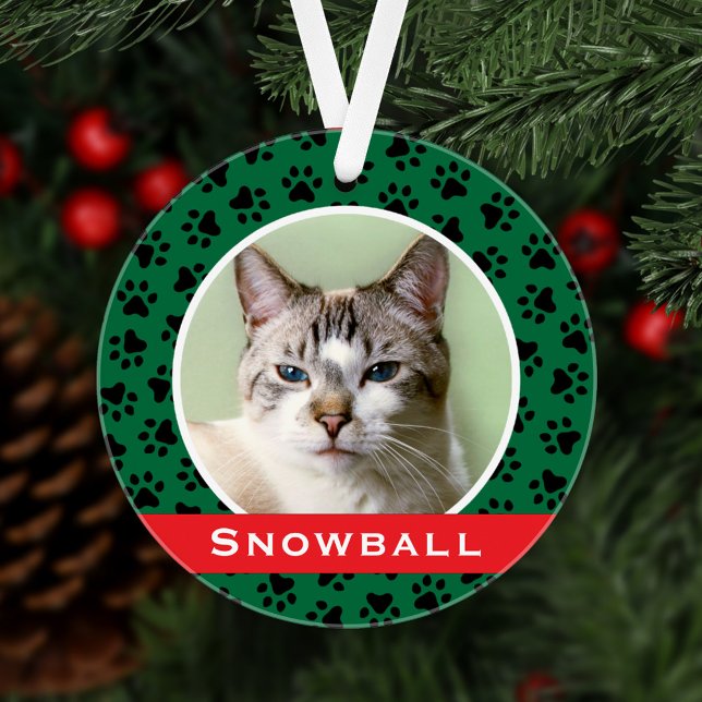 Green Pet Paw Prints Personalized Cat Name Photo Ornament (Creator Uploaded)