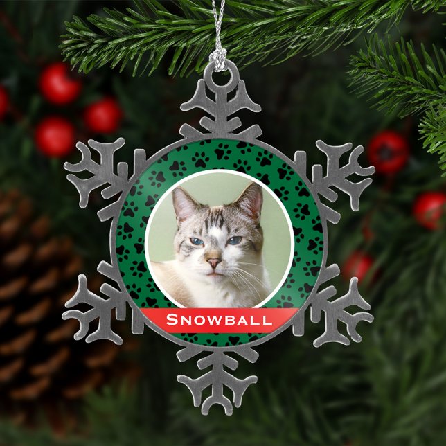 Green Pet Paw Prints Personalized Cat Name Photo Snowflake Pewter Christmas Ornament (Creator Uploaded)