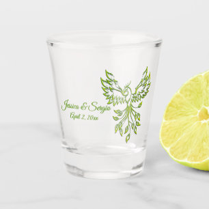 Green Phoenix Rises Name and Date Shot Glass