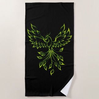 Green Phoenix Rises on Black Beach Towel