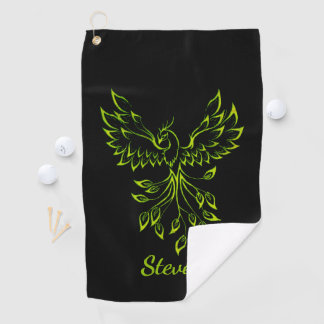 Green Phoenix Rises on Black  Golf Towel