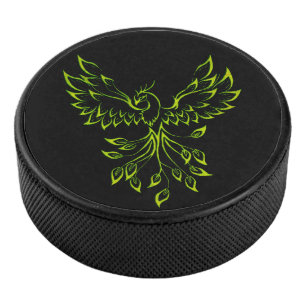 Green Phoenix Rises on Black Hockey Puck