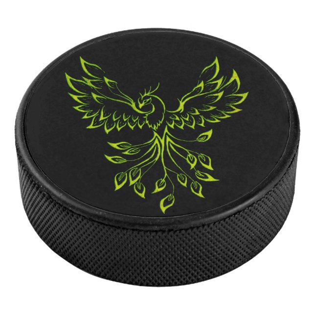 Green Phoenix Rises on Black  Hockey Puck (3/4)