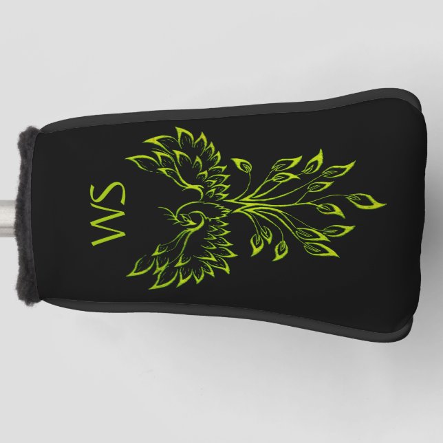 Green Phoenix Rises on Black Initials Golf Head Cover (Front)