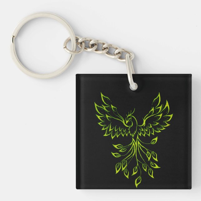 Green Phoenix Rises on Black  Key Ring (Front)