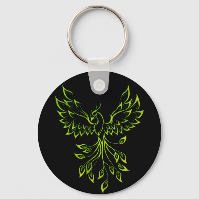 Green Phoenix Rises on Black  Key Ring (Front)
