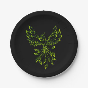 Green Phoenix Rises on Black Paper Plate