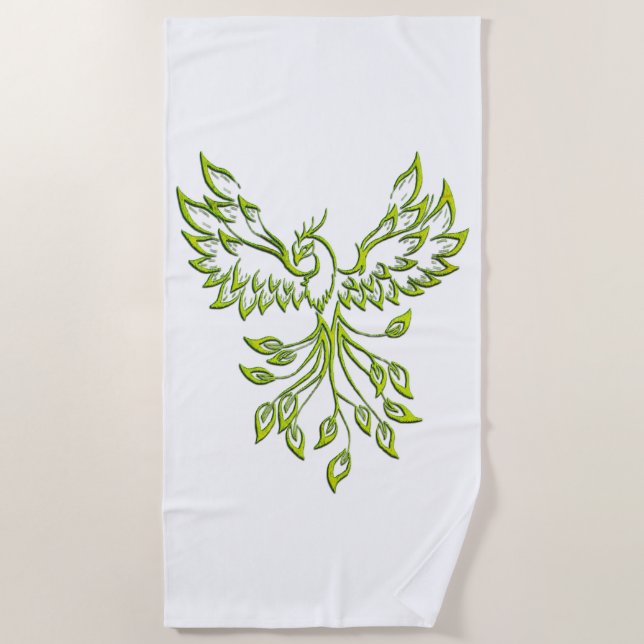 Green Phoenix Rises on White Beach Towel (Front)
