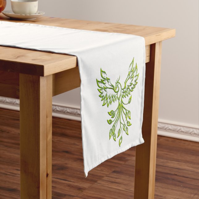 Green Phoenix Rises on White Long Table Runner (In Situ)