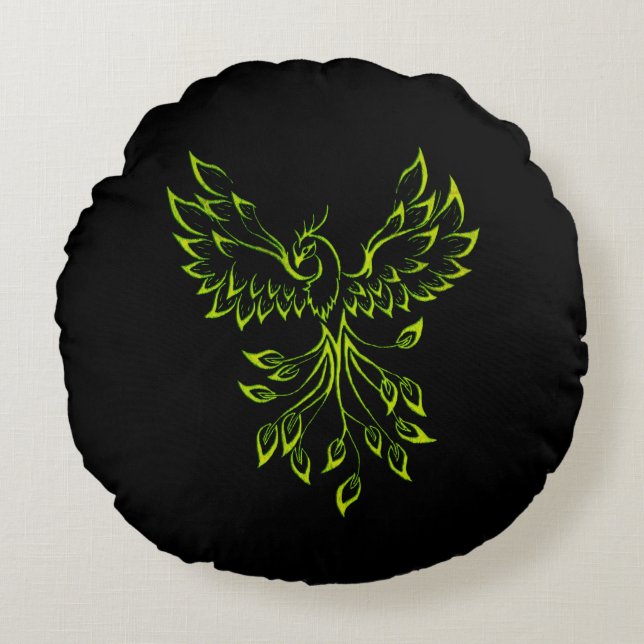 Green Phoenix Rises Round Cushion (Front)