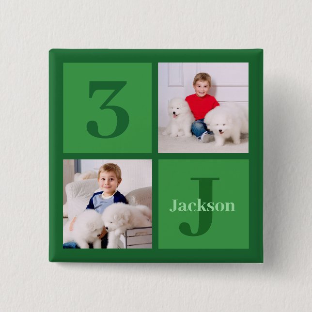 Green  Photo Collage Personalised Birthday Boy 15 Cm Square Badge (Front)
