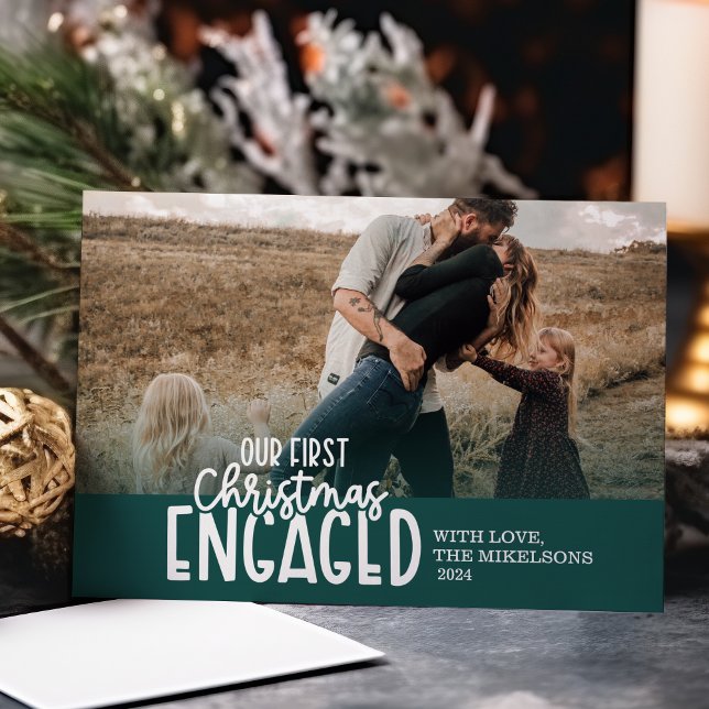 Green Photo First Christmas Engaged Holiday Card (Creator Uploaded)