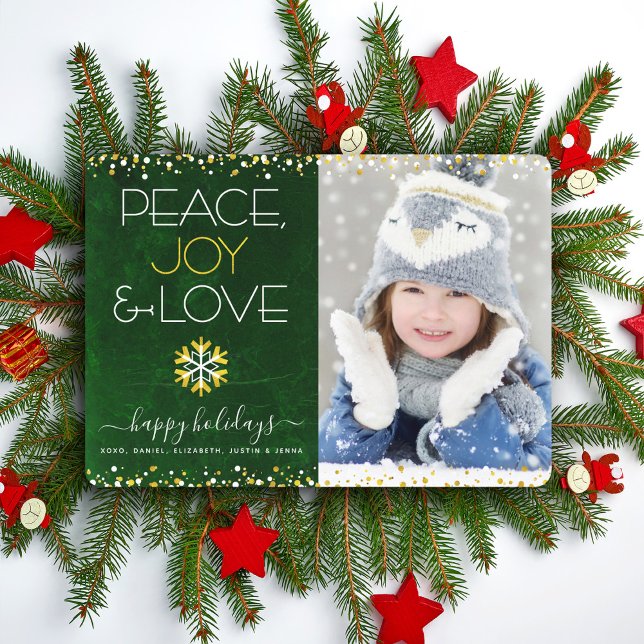 Green Photo Peace Joy Love Snowflake Gold Modern Holiday Card (Creator Uploaded)