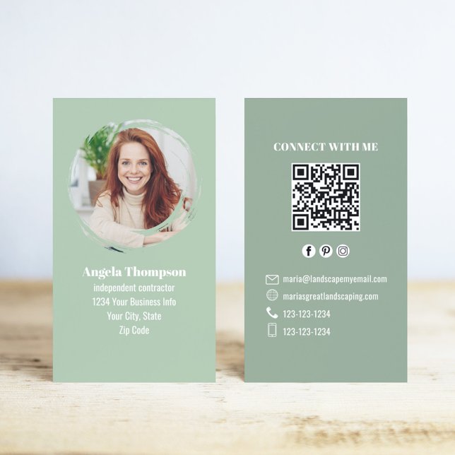 Green Photo QR Code Connect with Me Business Card (Green photo business card with QR code template.)