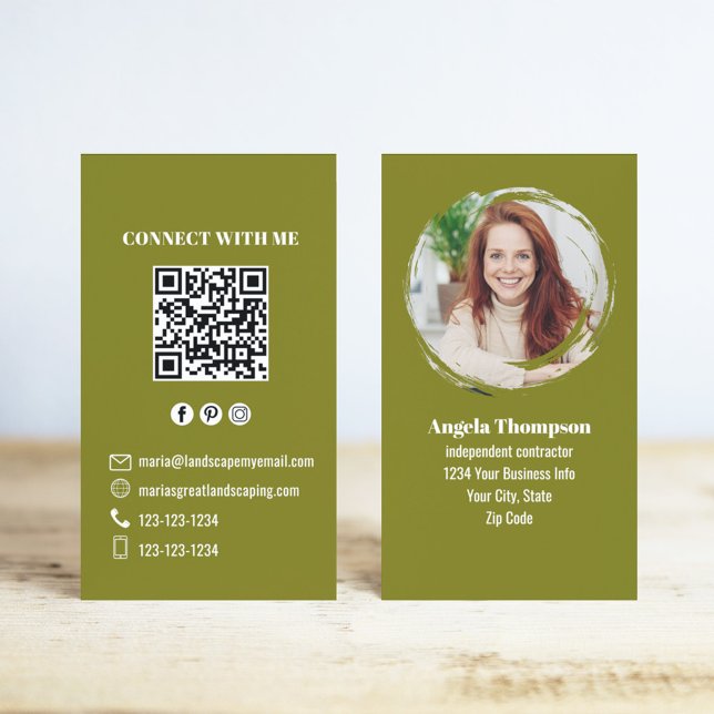 Green Photo QR Code Connect with Me Business Card (Green Modern Photo Business Cards with a scannable QR code template.)