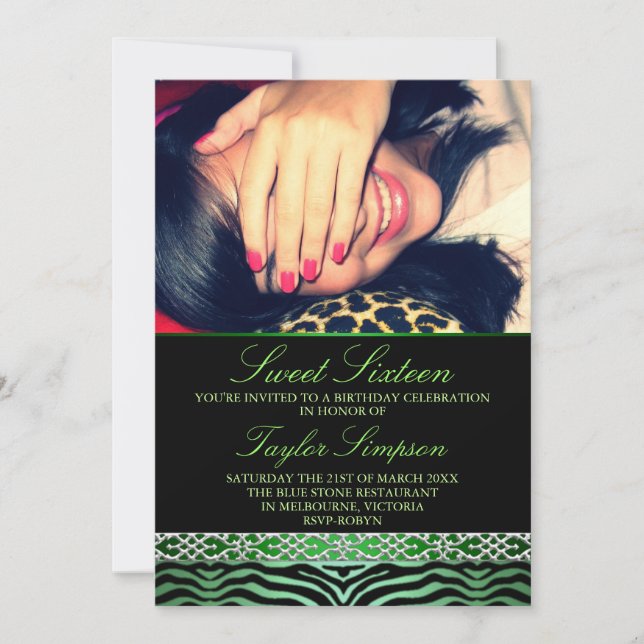 Green Photo Zebra Print Sweet16 Birthday invite (Front)