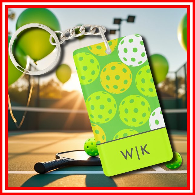Green Pickleball Cool Modern Elegant Monogrammed Key Ring (Green Pickleball Cool Modern Elegant Monogrammed Keychain)