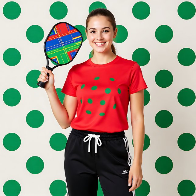Green pickleball holes on red T-Shirt (Green pickleball holes on red T-Shirt)