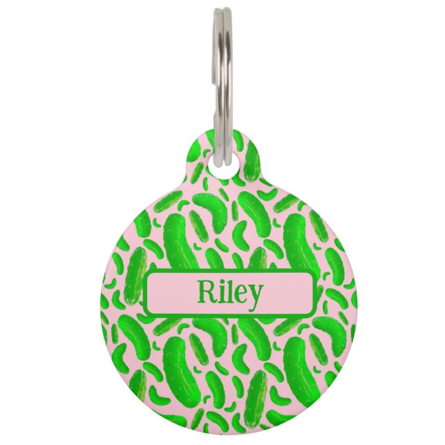 Green Pickles on Soft Pink Background Pet Tag (Front)