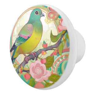 Green Pigeon Bird Pink Floral Spring Flowers Aqua Ceramic Knob