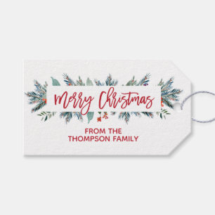Green Pine Branch and Red Christmas Gift Tags
