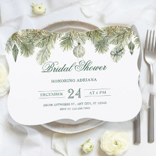 Green pine branch bridal shower invitation