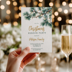 Green Pine Branch Gold Lights Christmas Party Invitation