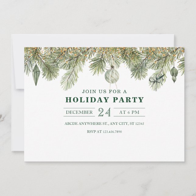 Green pine branch with christmas ornaments invitation (Front)