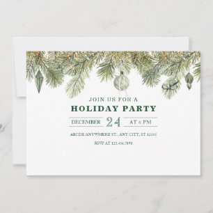 Green pine branch with christmas ornaments invitation