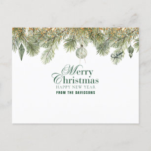 Green pine branch with christmas ornaments postcard