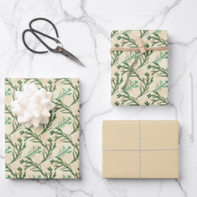 Green Pine Branches Christmas Wrapping Paper Sheet (Front)